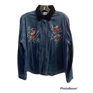 Vintage 90s Christmas Denim Shirt Large Blue Button Up Christmas Teddy Bears